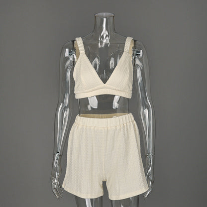 Spaghetti Strap Knitted Pajamas Set Two Piece Casual Sleepwear