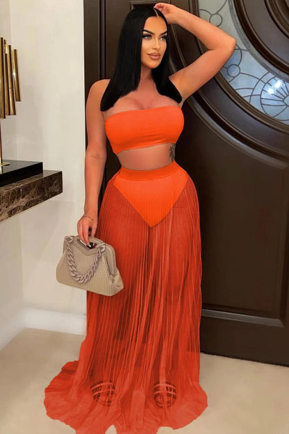 Mesh Pleated Swimsuit Fabric Three Piece Set