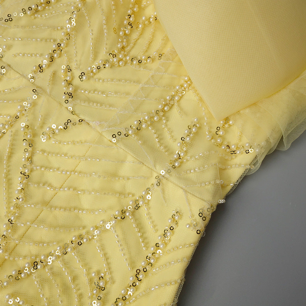 Yellow Heavy Industry Tube Bead Bow Halter Formal Dress