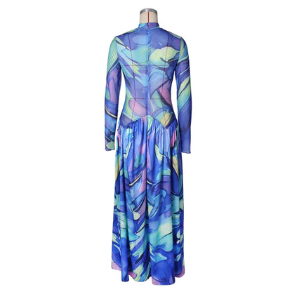 Summer Mesh Floral Print Dress Abstract Flowy Boho Style