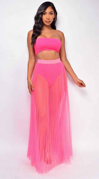Mesh Pleated Swimsuit Fabric Three Piece Set