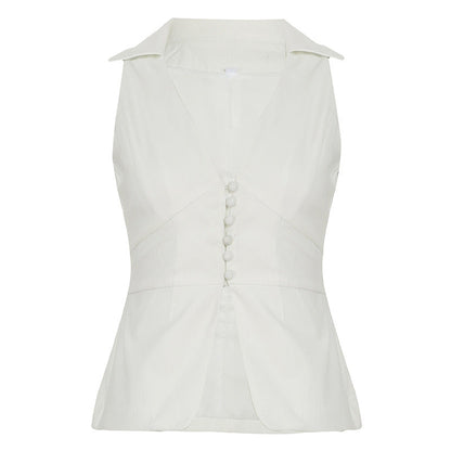 Polo Collar Solid Color V neck Sleeveless Blouse