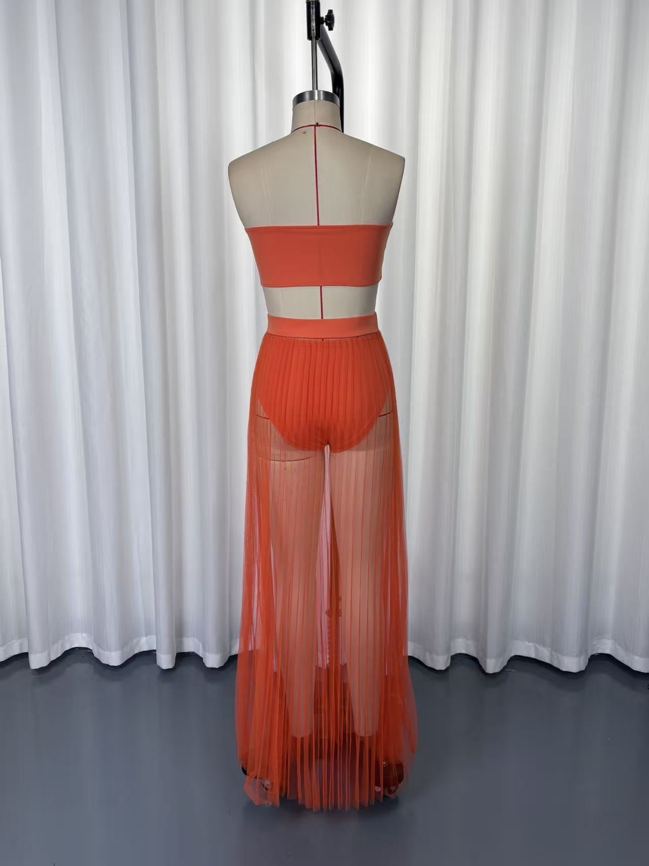 Mesh Pleated Swimsuit Fabric Three Piece Set