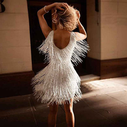 Plunge Sleeveless Pencil Tassel Midi Dress