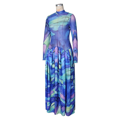 Summer Mesh Floral Print Dress Abstract Flowy Boho Style