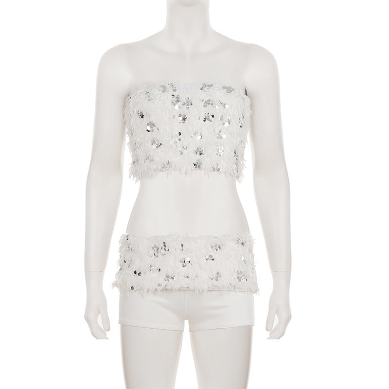 White Sequined Furry Bottoms Set
