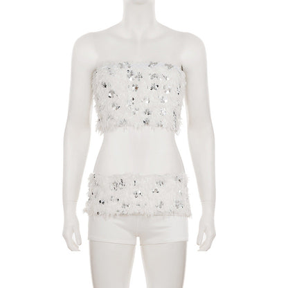 White Sequined Furry Bottoms Set