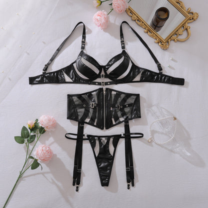 PU Leather Stitching Mesh Lingerie Three Piece Set