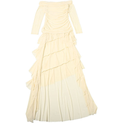 Slim Irregular Asymmetric Pleated Waist Tight Long Sleeve off Shoulder Elegant Dress for Women