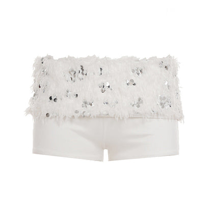 White Sequined Furry Bottoms Set