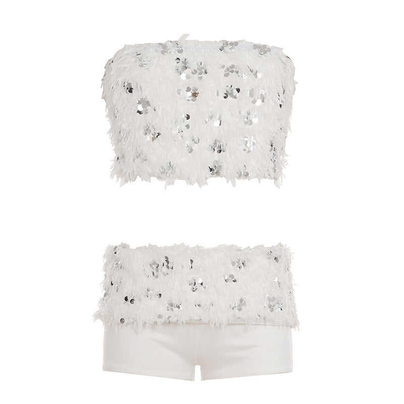 White Sequined Furry Bottoms Set