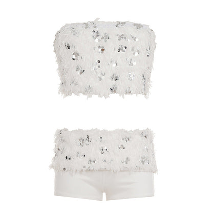 White Sequined Furry Bottoms Set