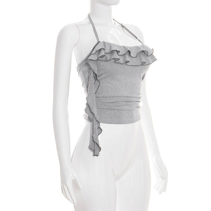 Spring Solid Color Ruffles Tank T-shirt
