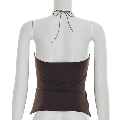 Spring Solid Color Pleated Backless Halter Sling Top T-shirt for Women