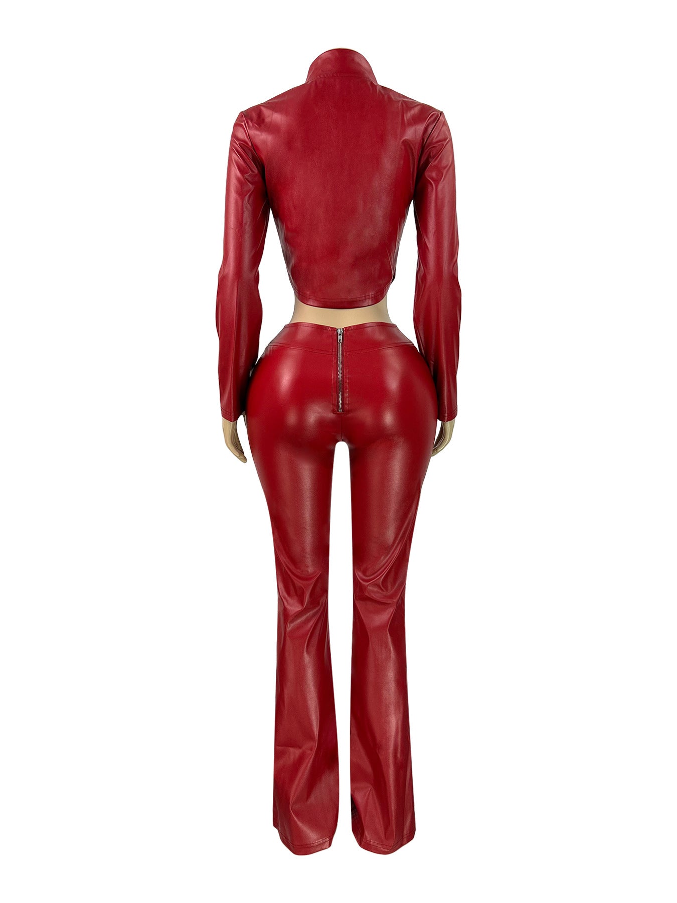 Slim Fit Zipper Stretch PU Leather Casual Jumpsuit Two Piece Set
