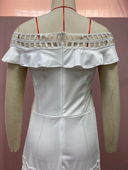 Ruffled Hollow Out Cutout Wide Hem Lace Long Dress