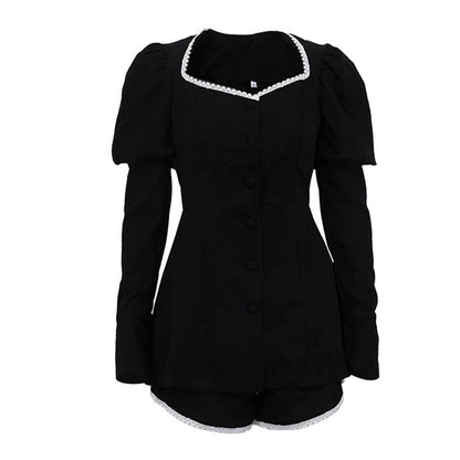 Women's Puff Sleeve Square Collar Cardigan Set Two Piece Bottoms Set MUNSIEUR