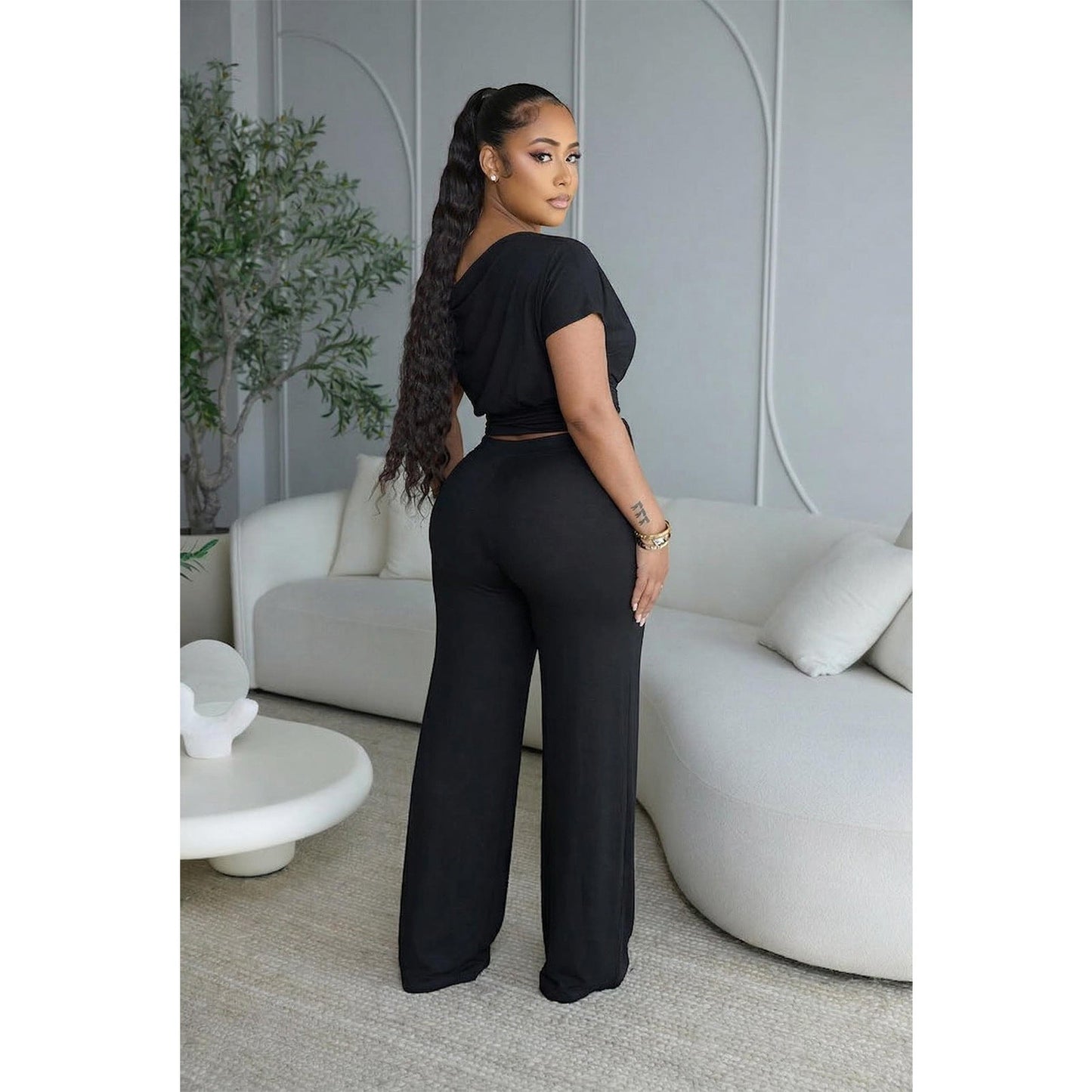 Asymmetric Pleated Jumpsuit Two Piece Set