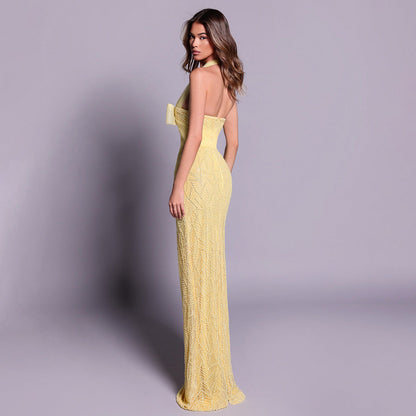 Yellow Heavy Industry Tube Bead Bow Halter Formal Dress