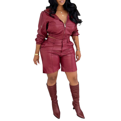 MUNSIEUR PU Leather Bottoms Set Long Sleeve with Zipper