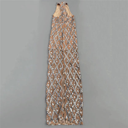 Rhinestone Halter Sleeveless Floor Dress