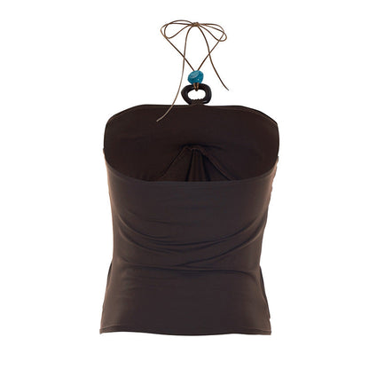 Spring Solid Color Pleated Backless Halter Sling Top T-shirt for Women