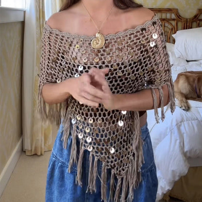 New Arrivals Handmade Crocheted Sequined Tassel Knitted Blouse Boho Hollow Out Cutout Triangle Cape Shawl