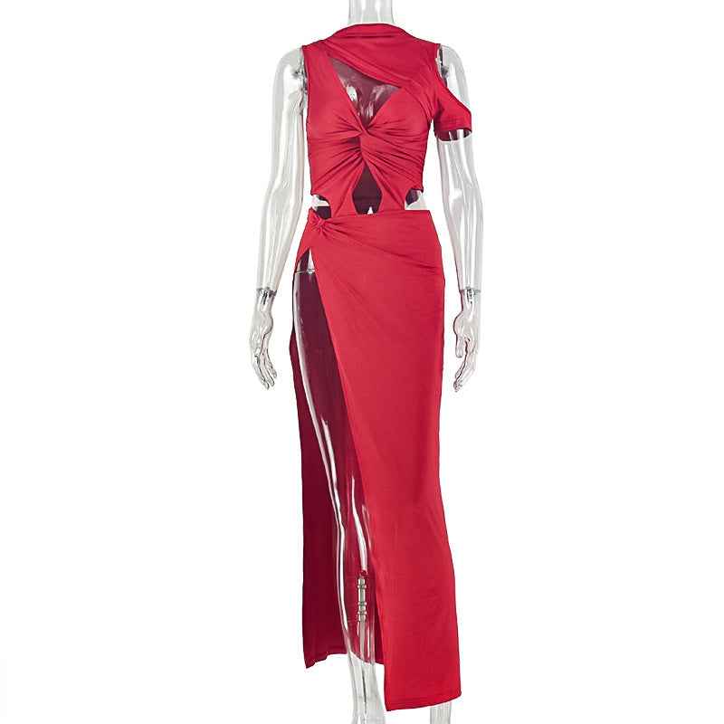 Solid Color Asymmetric  Pleated Dress
