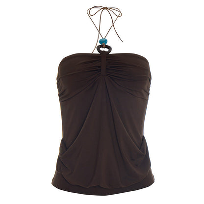 Spring Solid Color Pleated Backless Halter Sling Top T-shirt for Women
