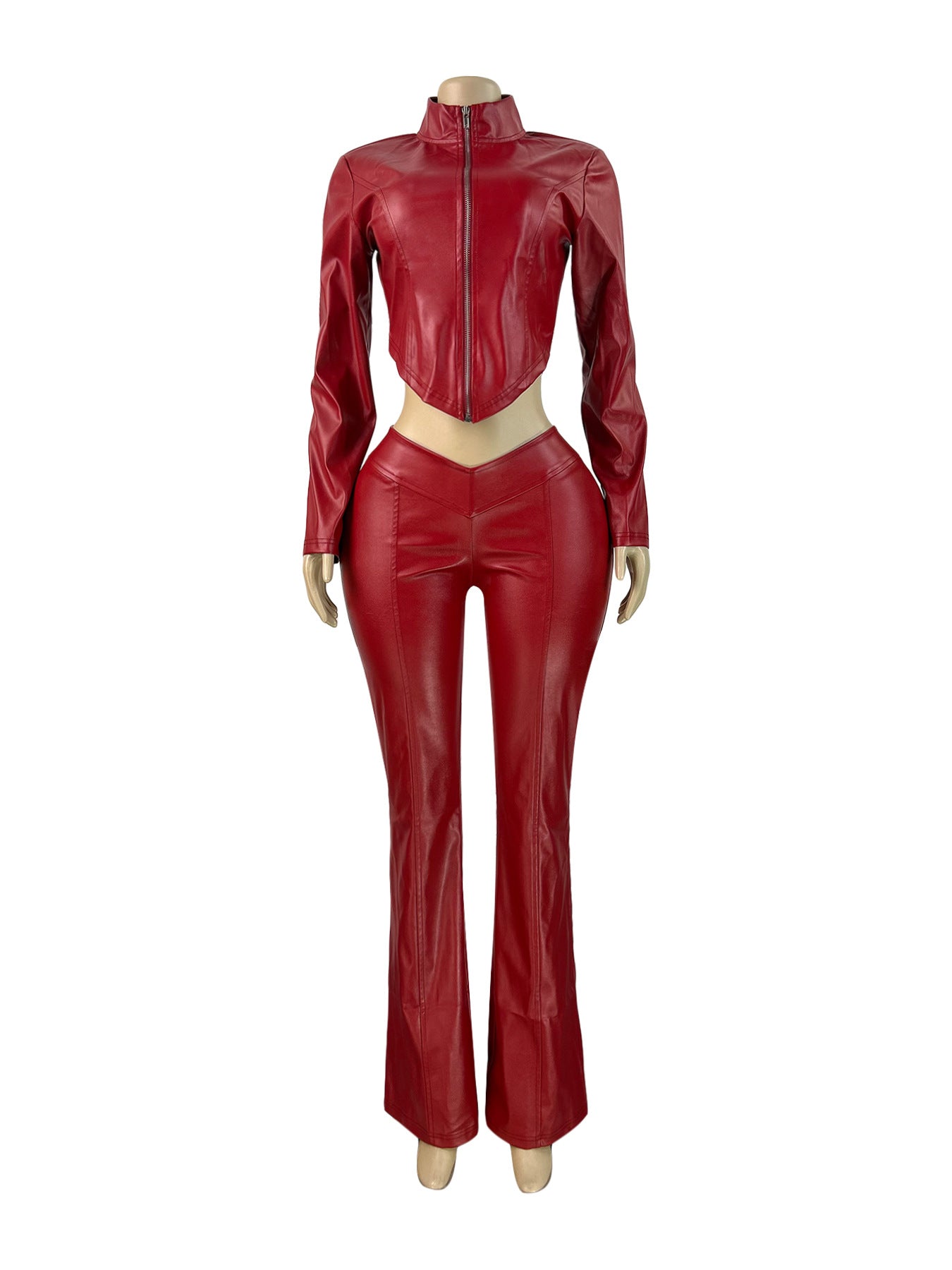 Slim Fit Zipper Stretch PU Leather Casual Jumpsuit Two Piece Set