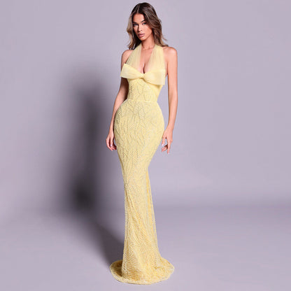 Yellow Heavy Industry Tube Bead Bow Halter Formal Dress