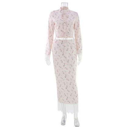 Elegant Long Sleeve Floral Mid Length Skirt Set
