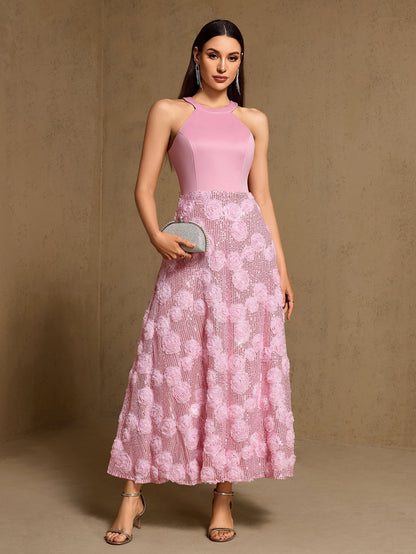 Spring Summer Print Heavy Industry Stitching Large Hem Fully Lined Evening Dress