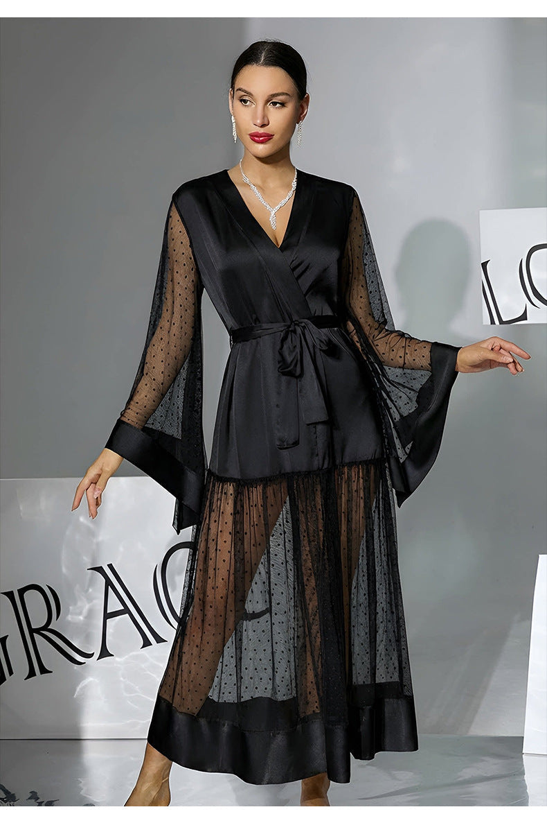 Satin Mesh Patchwork Flared Sleeve Nightgown Sheath Sleepwear Pajamas