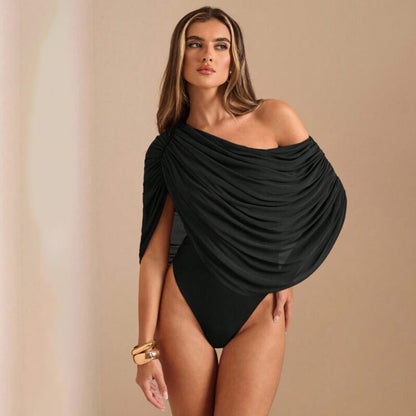 Pleated Sloping Shoulder Women's Elegant Bodysuit