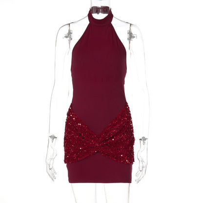 Women's Sequin Stitching Halter Backless Slim Fit Sheath Dress