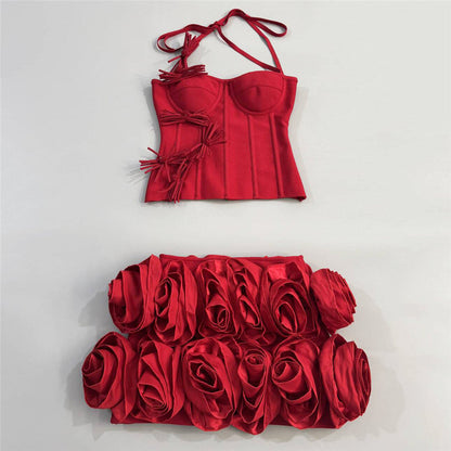 Halter Top Three Dimensional Floral Skirt Set Two Piece Bandage