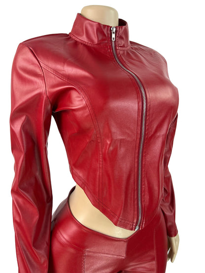 Slim Fit Zipper Stretch PU Leather Casual Jumpsuit Two Piece Set