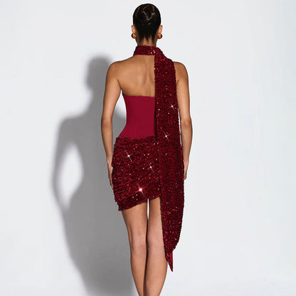 Halter Ribbon Asymmetric Pleated Draped Mini Dress