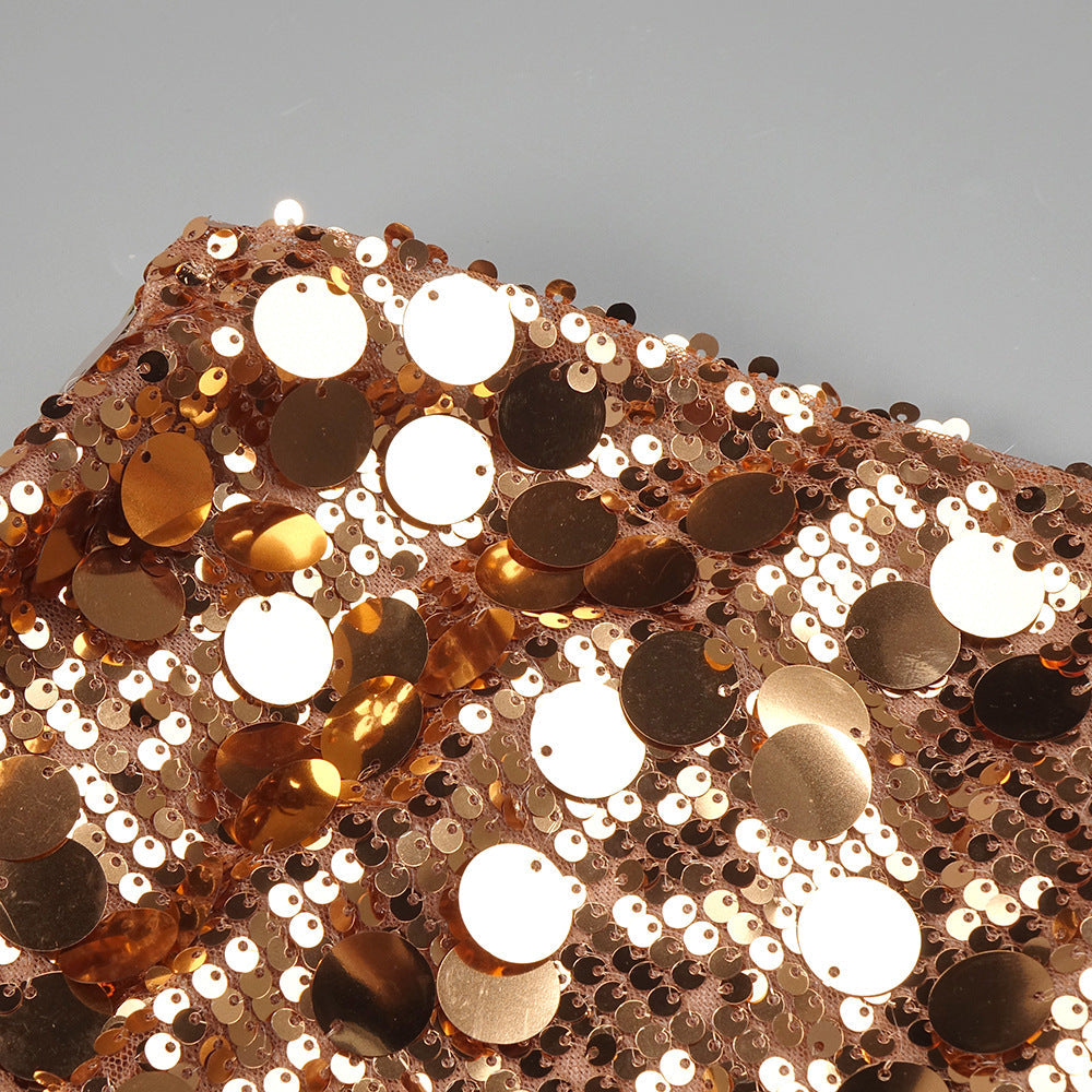 Heavy Industry Golden Sequined One Shoulder Party Dress