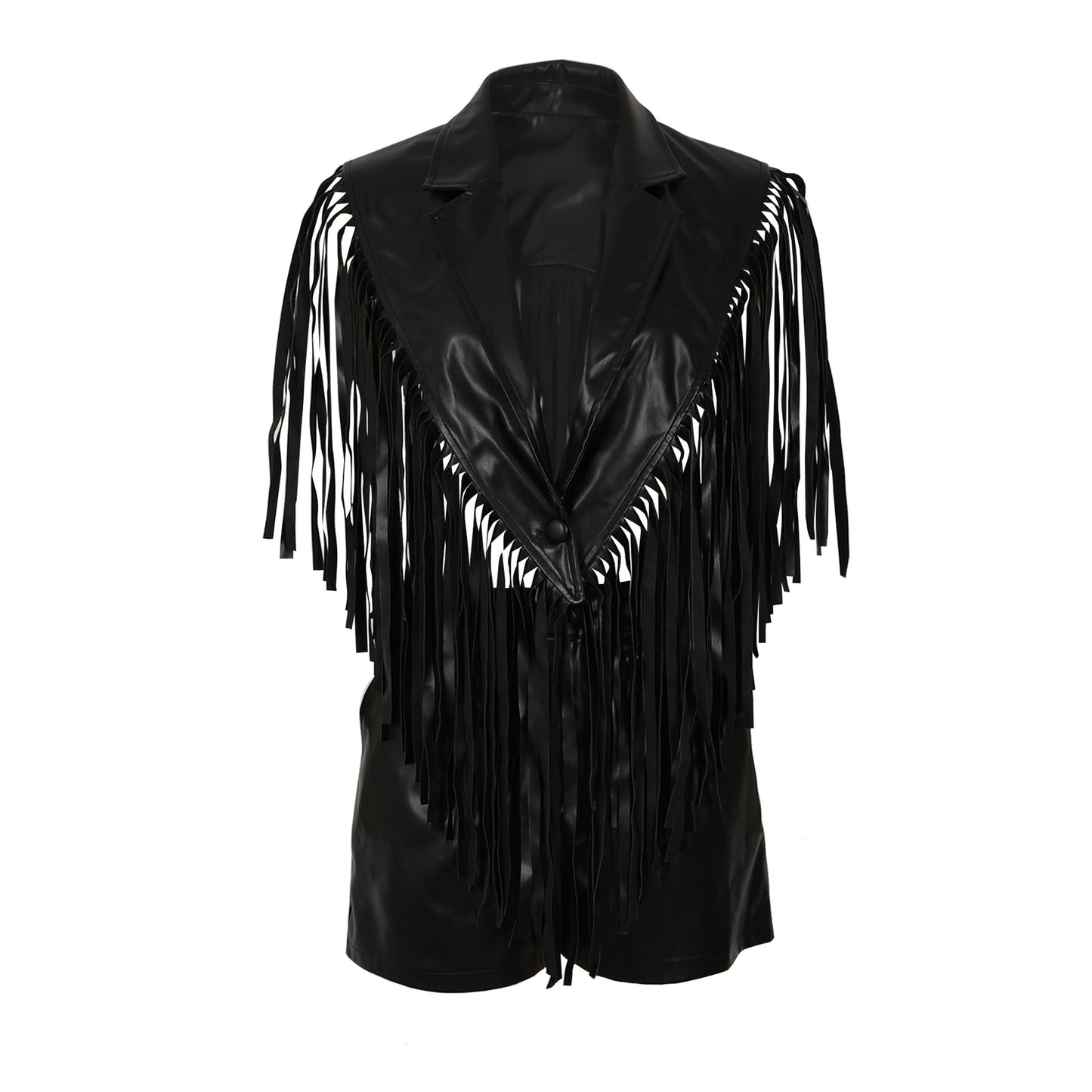MUNSIEUR PU Leather Sleeveless Tassel Top Two Piece Bottoms Set