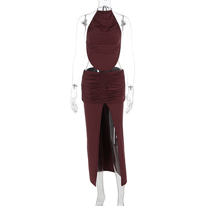 Backless Pleated Slit Two Piece Skirt Set Straps