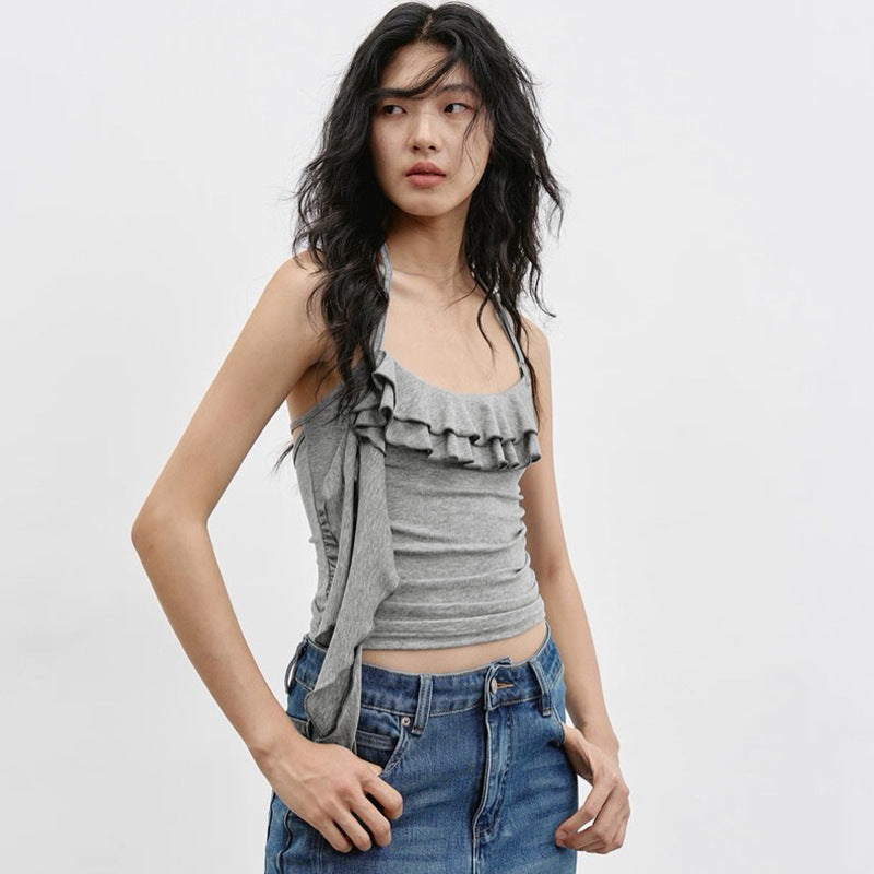 Spring Solid Color Ruffles Tank T-shirt