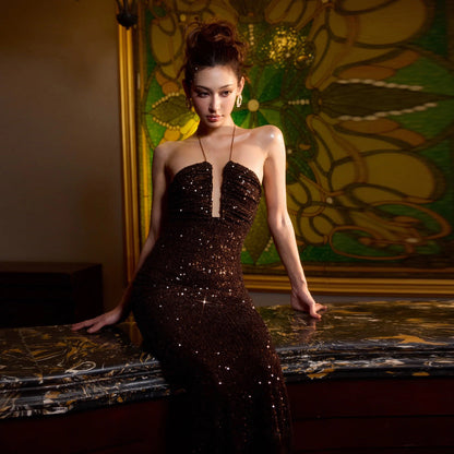 Elegant Halter Sequ Slim Dress