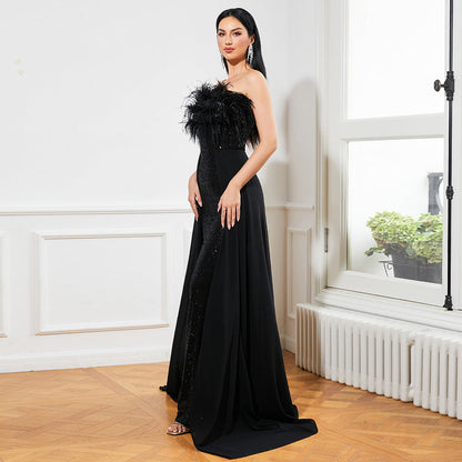 Sequined Sleeveless Feather Backless Cocktail Evening Dress