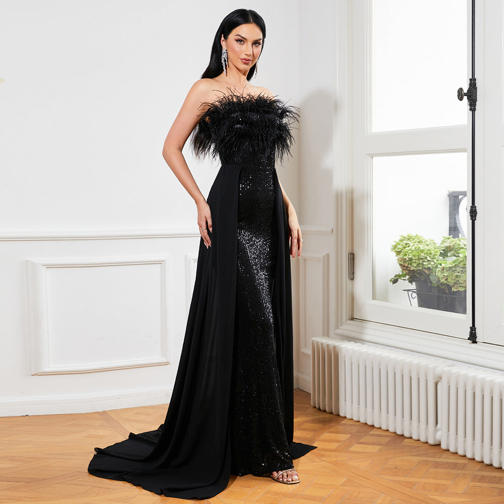 Sequined Sleeveless Feather Backless Cocktail Evening Dress