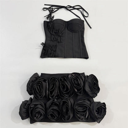 Halter Top Three Dimensional Floral Skirt Set Two Piece Bandage